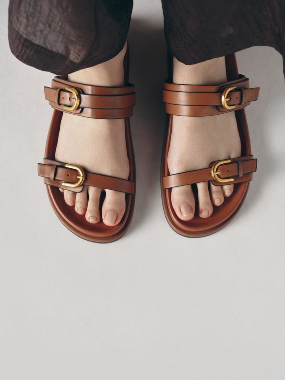 Zara Vegan Leather Sandals Double Strap & Gold Tone Buckles
